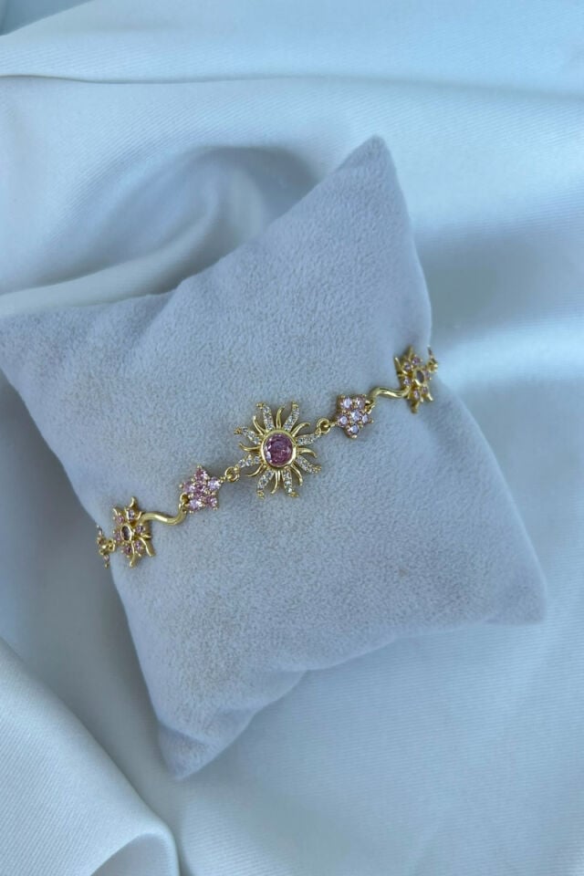 Pembe Kristal Taş Güneş Model Tasarım Bileklik