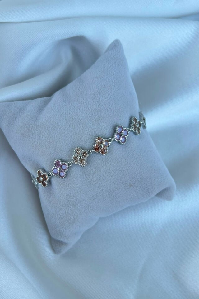 Renkli Taş Çiçek Model Tasarım Bileklik(silver)