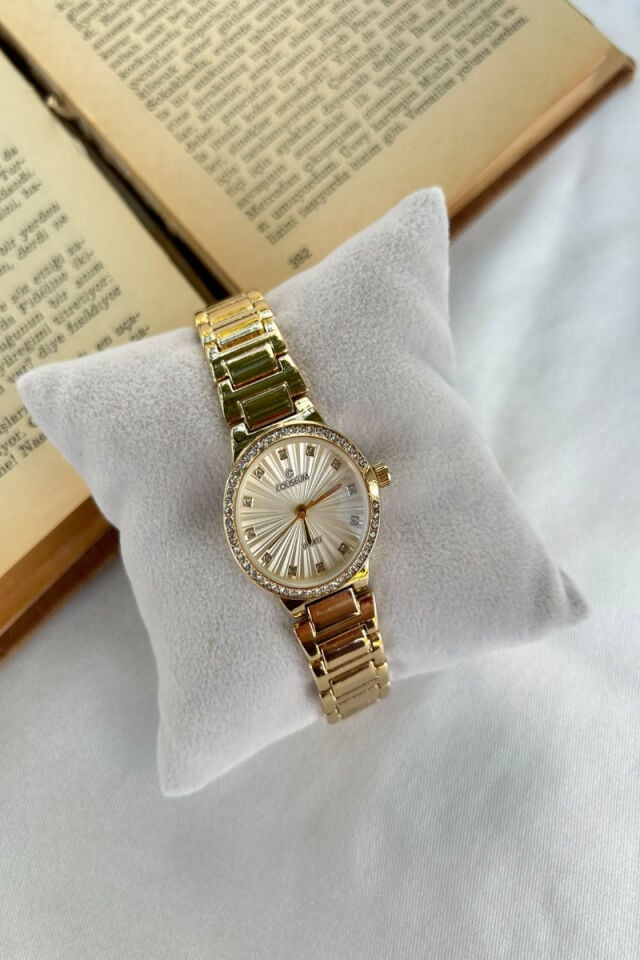 Yuvarlak Model Taş Detaylı Gold Saat
