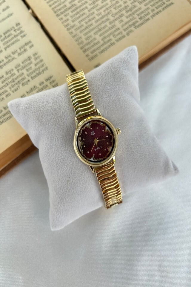 Vintage Model Bordo Çiçek Kadranlı Gold Saat