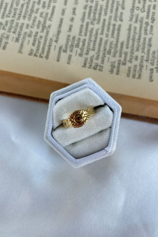 Kehribar Taş Güneş Model Vintage Yüzük