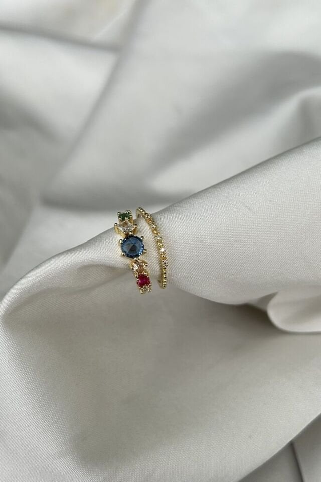 Renkli Taş Detaylı İkili Yüzük