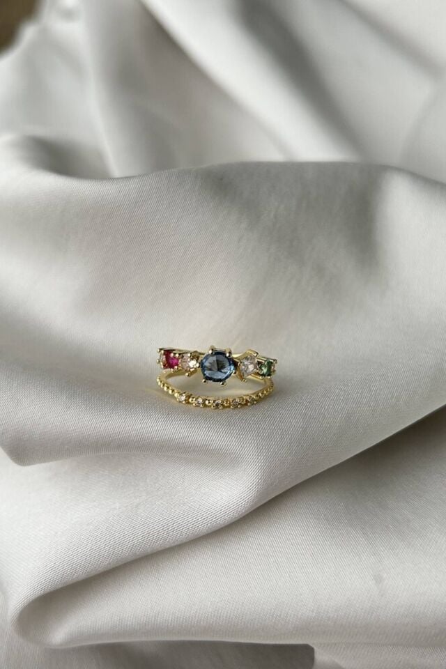 Renkli Taş Detaylı İkili Yüzük