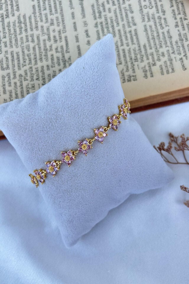 Pembe Parlak Taş Çiçek Model Tasarım Bileklik