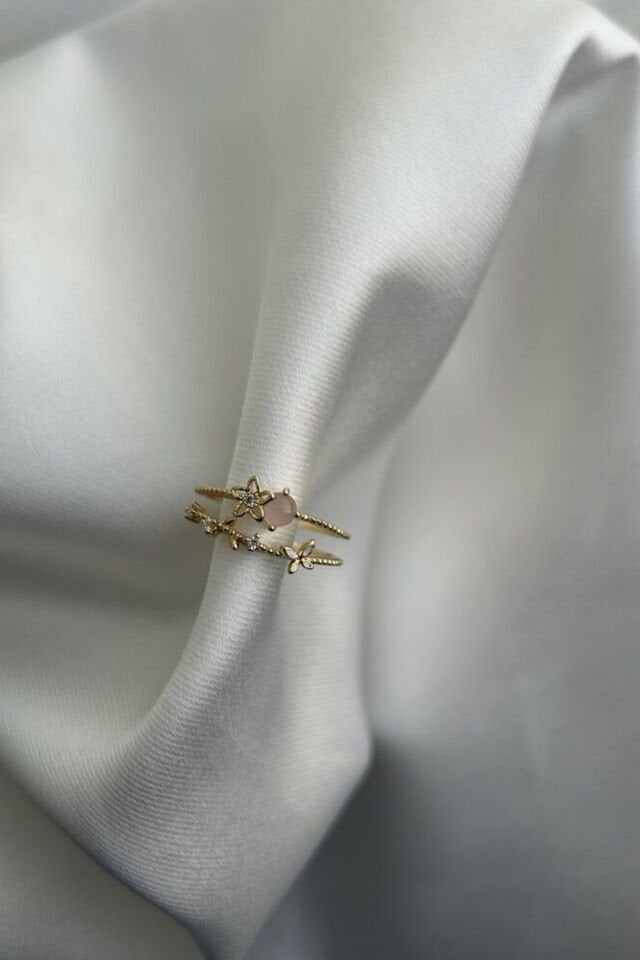 Pembe Taş Detaylı İkili Yüzük