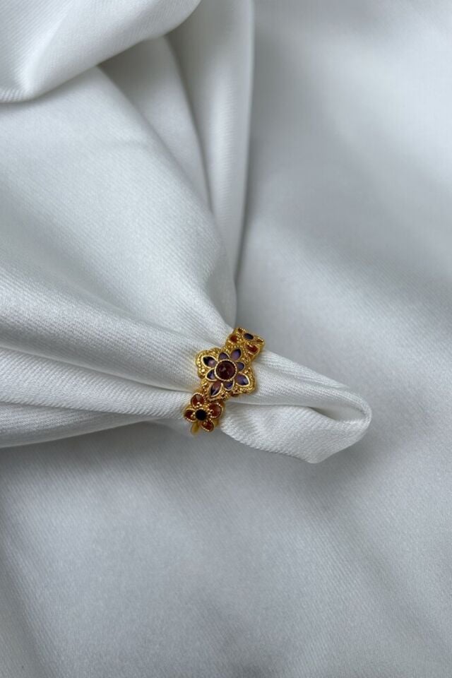 Mor Taş Detaylı Çiçek Model Tasarım Yüzük