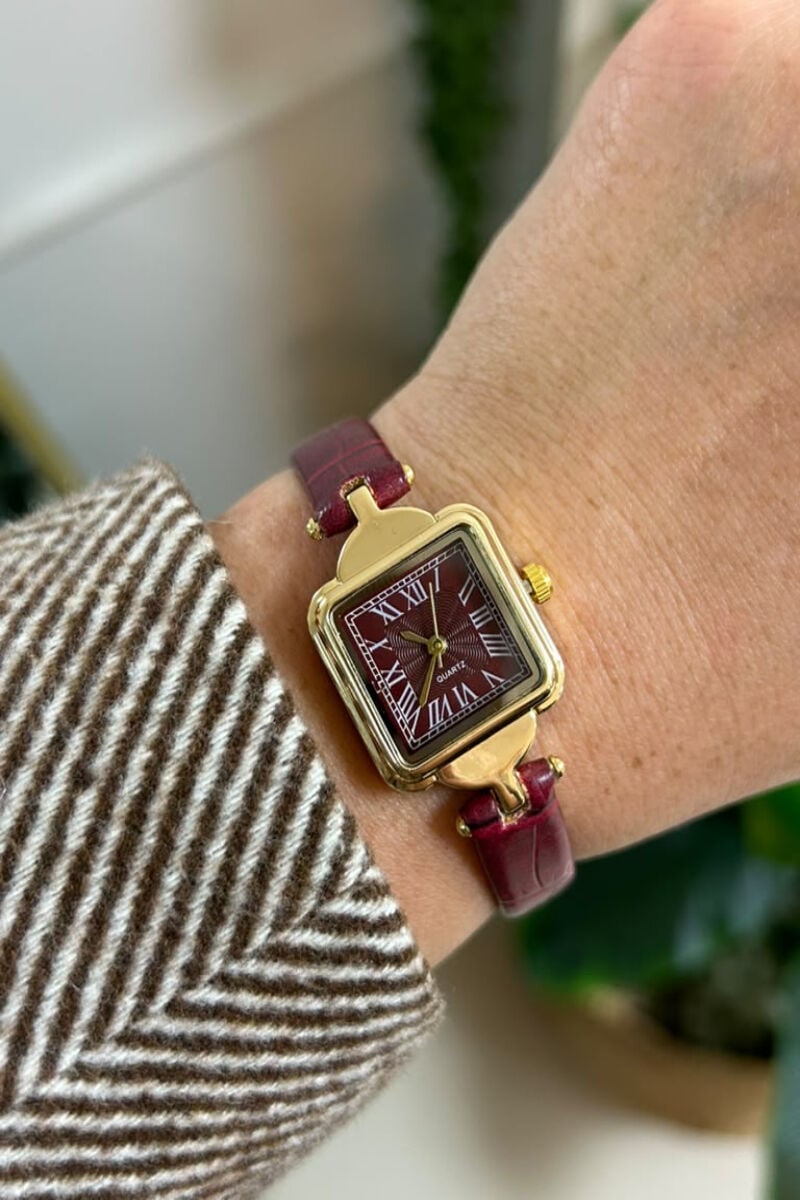 Kare Vintage Model Bordo Deri Saat