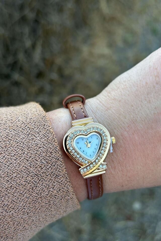 Taşlı Kalp Model Kahverengi Kordon Saat