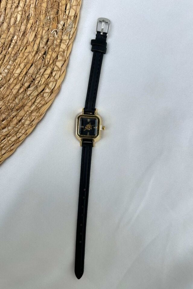 Gül Detaylı Minimal Model Vintage Saat (siyah)