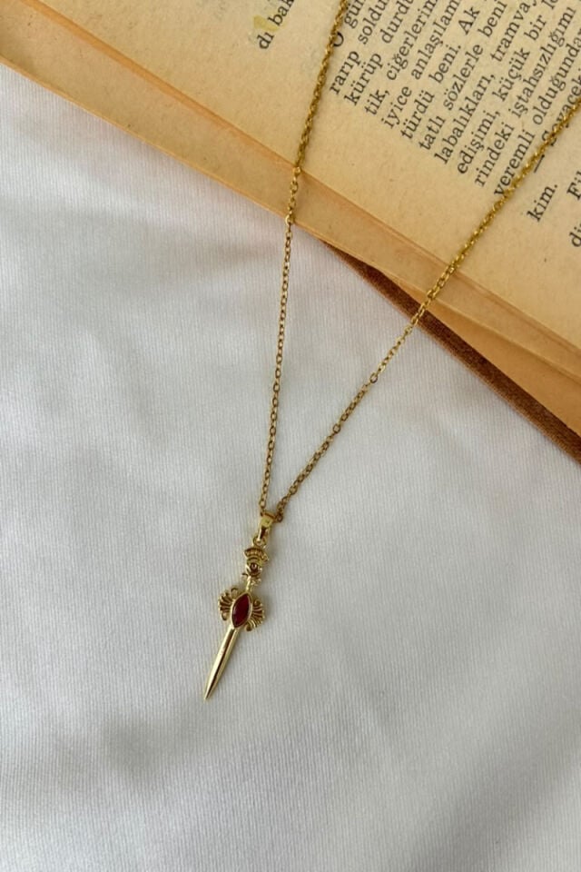 Renkli Taş Kılıç Model Vintage Kolye