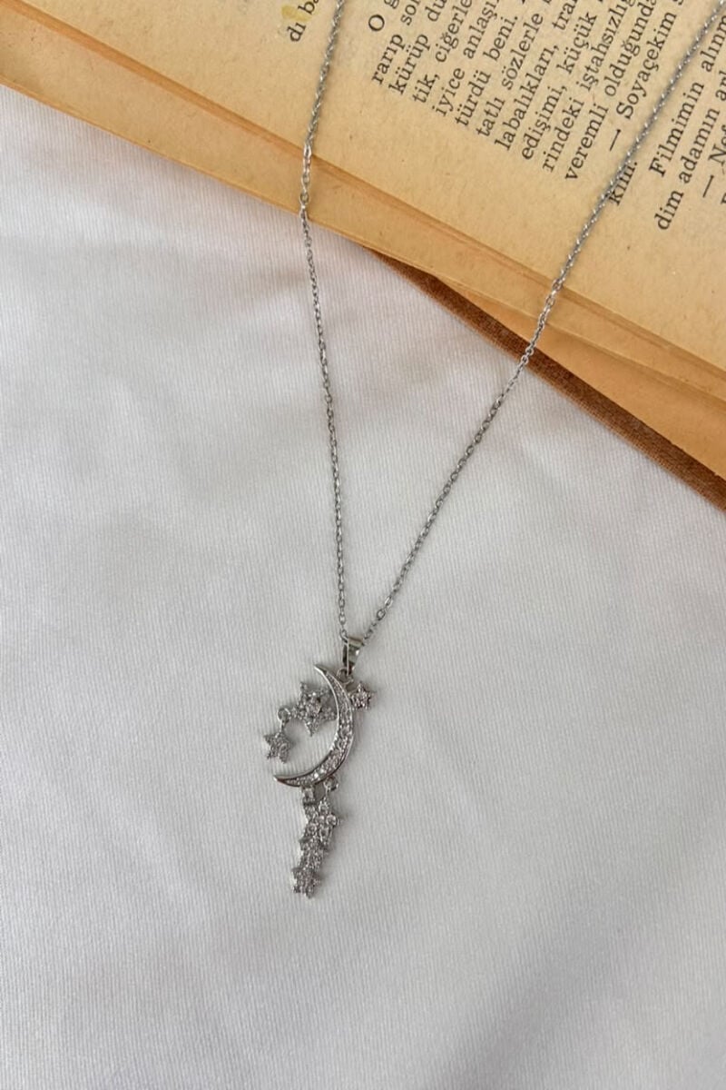 Taşlı Ay Ve Yıldız Tasarım Model Kolye(silver)