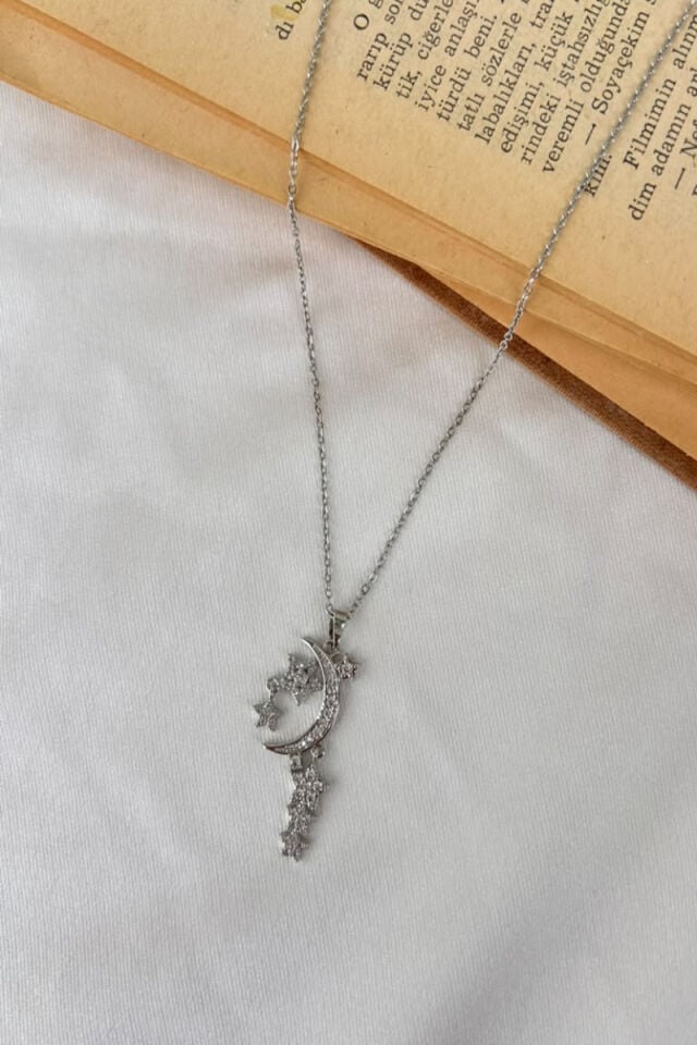 Taşlı Ay Ve Yıldız Tasarım Model Kolye(silver)