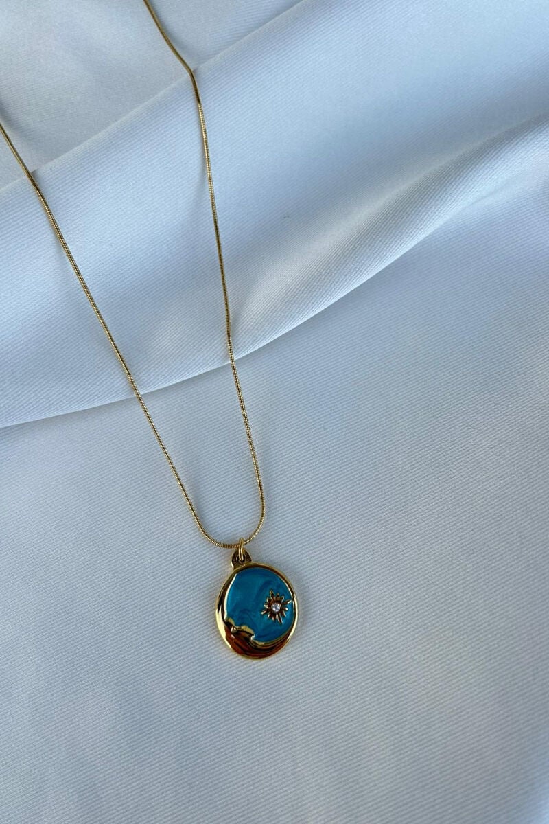 Mavi Plaka Ay Ve Yıldız Tasarım Kolye