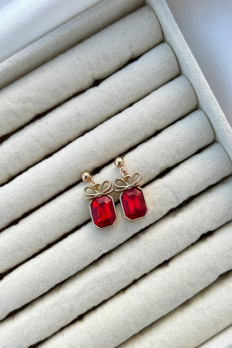 Kırmızı Taş Sarkıntılı Minimal Küpe