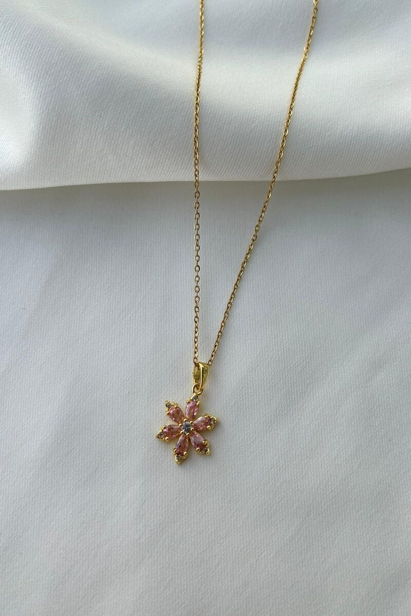 Pembe Kristal Taş Tasarım Çiçek Kolye