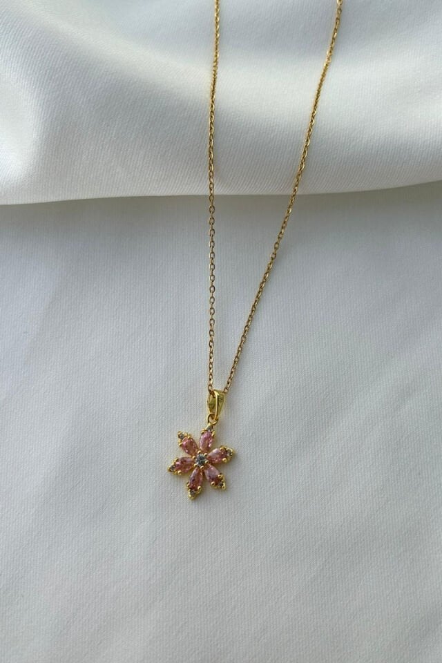 Pembe Kristal Taş Tasarım Çiçek Kolye