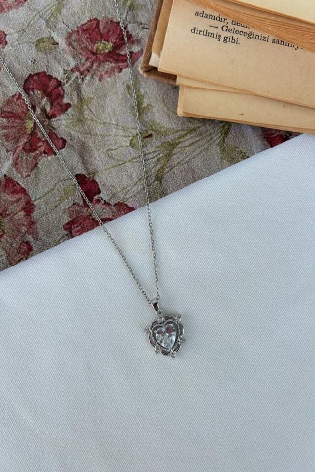 Kristal Taş Kalp Model kolye(silver)