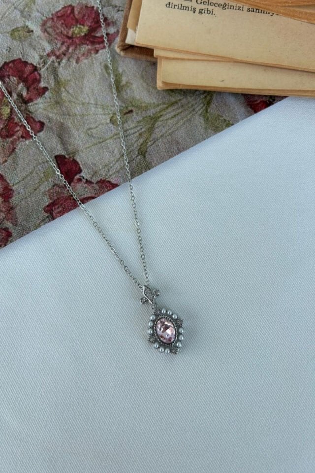 Pembe Kristal Taş Tasarım Model Kolye(silver)