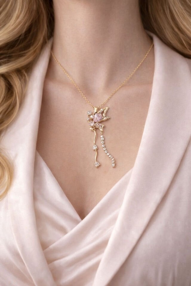 Sallantılı Tasarım Pembe Kelebek Kolye