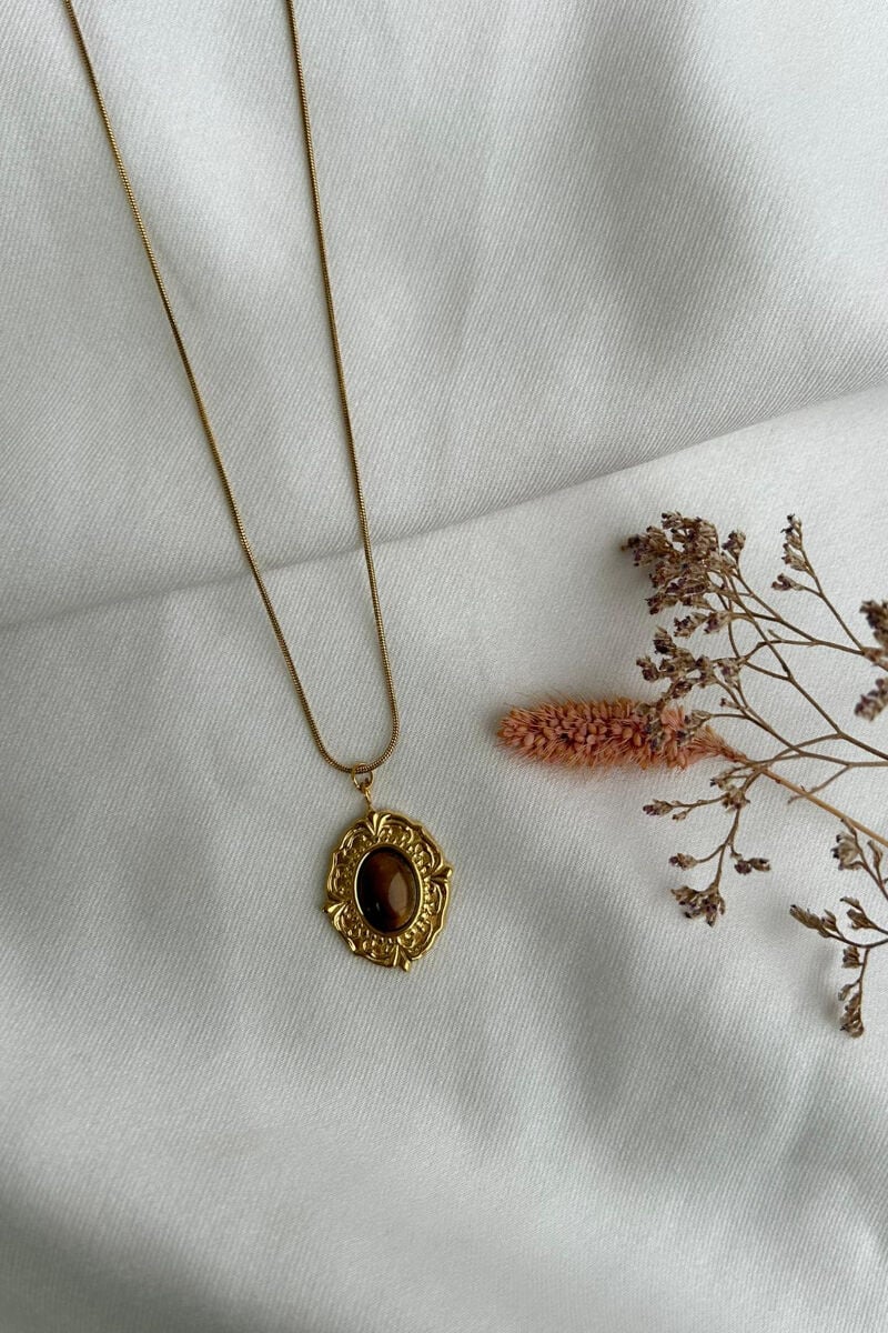 Kehribar Taş Vintage Model Tasarım Kolye