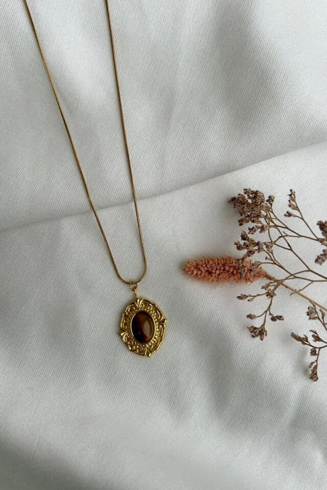 Kehribar Taş Vintage Model Tasarım Kolye