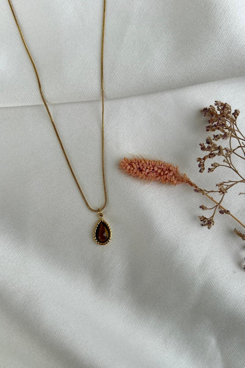 Kehribar Taş Damla Model Kolye