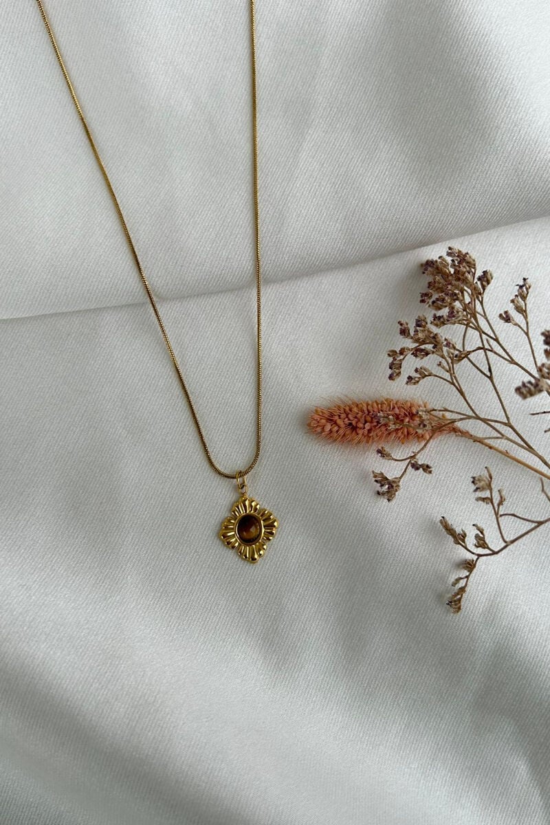 Kehribar Taş Yonca Model Minimal Kolye