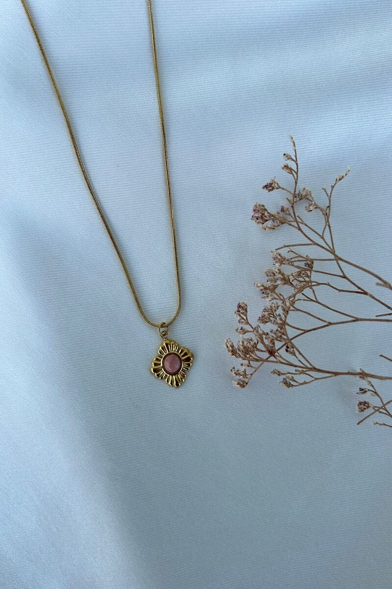 Pembe Taş Yonca Model Minimal Kolye