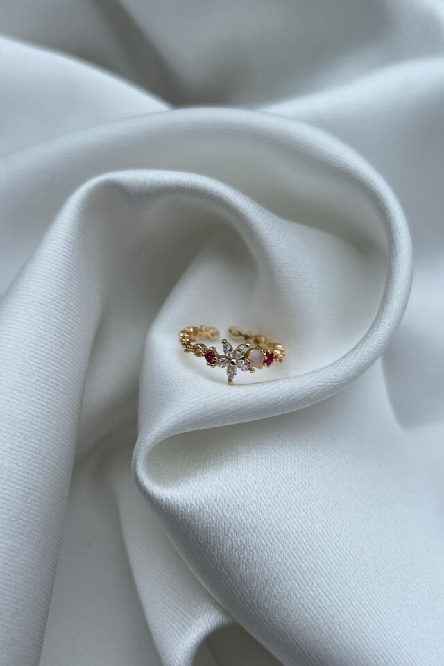 Kristal Çiçek Detaylı Renkli Yüzük