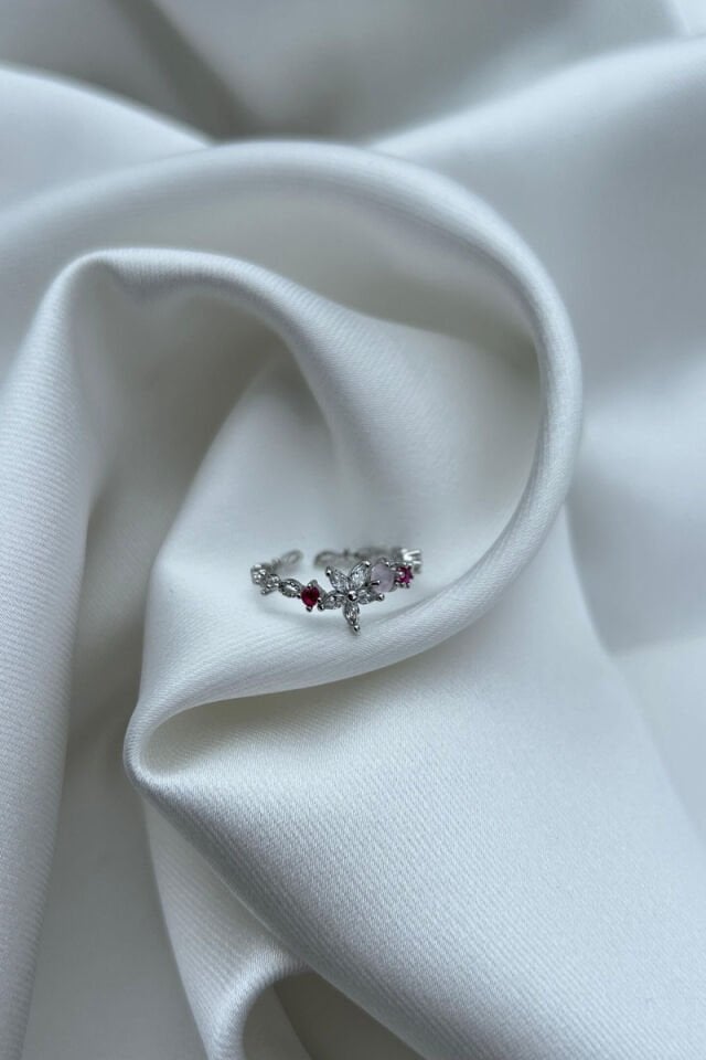 Kristal Çiçek Detaylı Renkli Yüzük(silver)