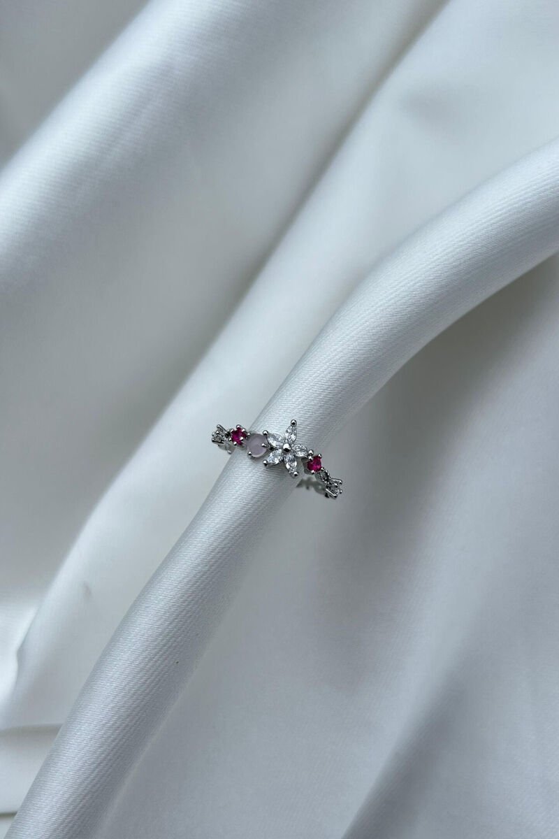 Kristal Çiçek Detaylı Renkli Yüzük(silver)