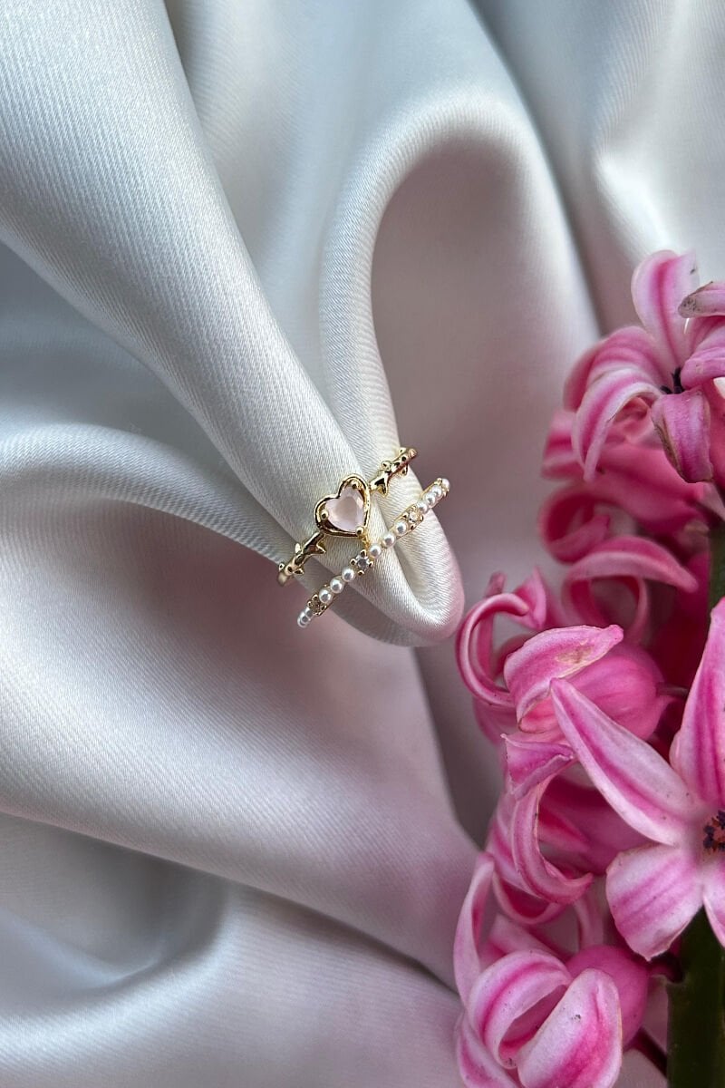 Pembe Kalp İnci Detaylı Tasarım Yüzük