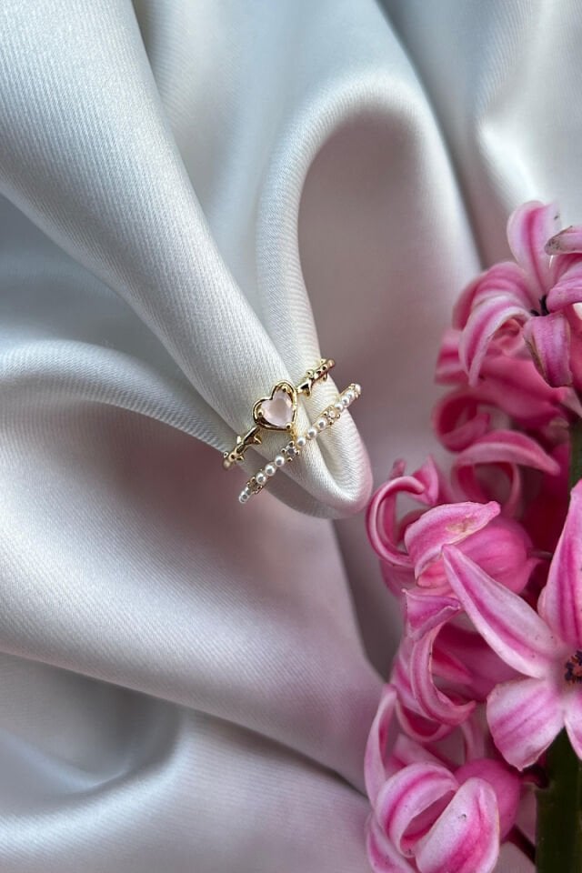 Pembe Kalp İnci Detaylı Tasarım Yüzük