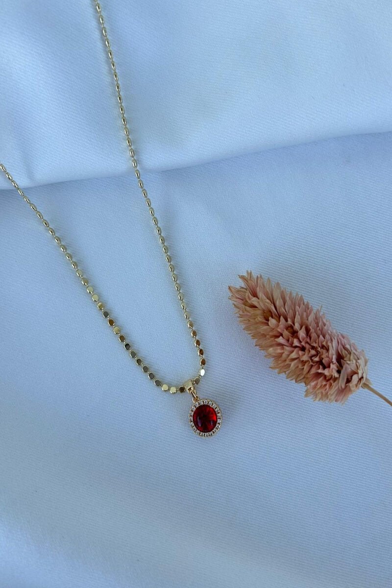 Kırmızı Parlak Taş Etnik Model Tasarım Kolye