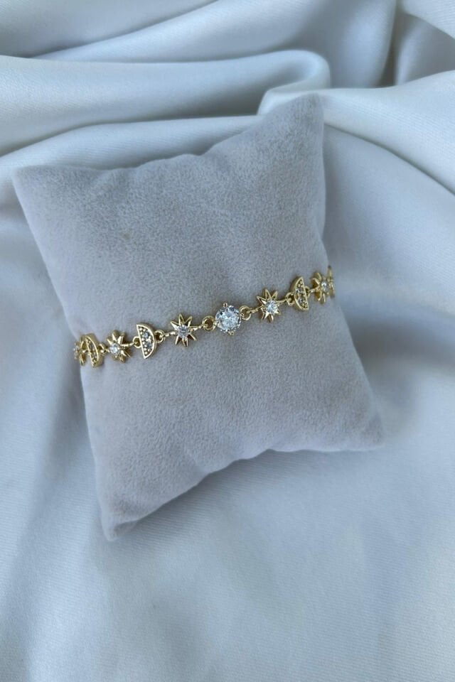 Yıldız Figürlü Zirkon Taşlı Yarım Ay Tasarım Bileklik