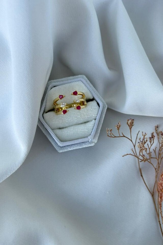 Bordo Kristal Taşlı Üçlü Tasarım Yüzük