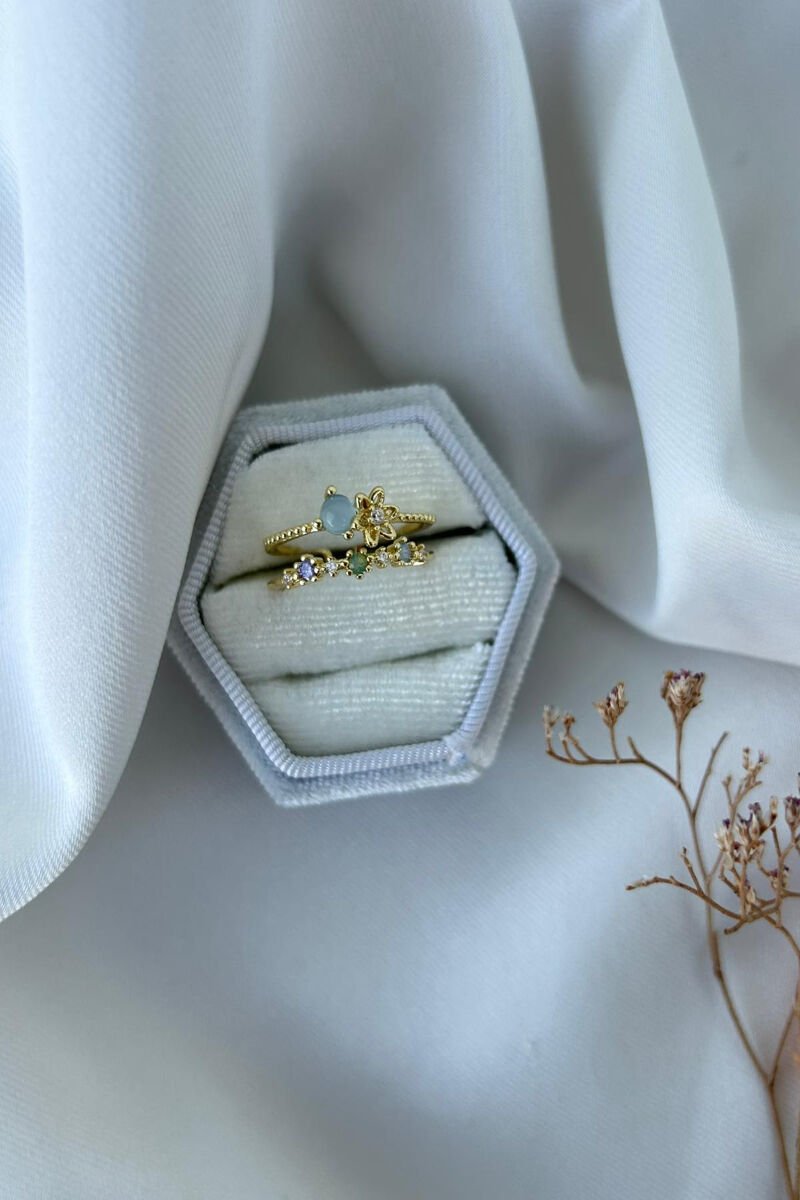 Mavi Taş Çiçek Detaylı Tasarım Yüzük