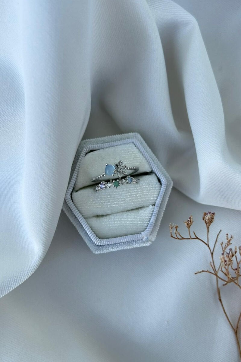 Mavi Taş Çiçek Detaylı Tasarım Yüzük(silver)