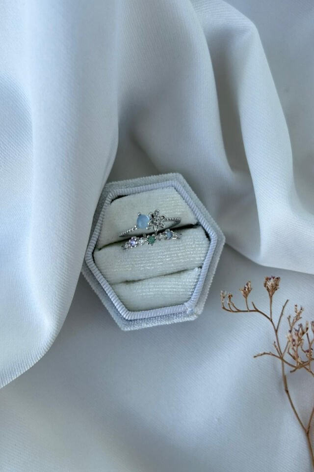 Mavi Taş Çiçek Detaylı Tasarım Yüzük(silver)