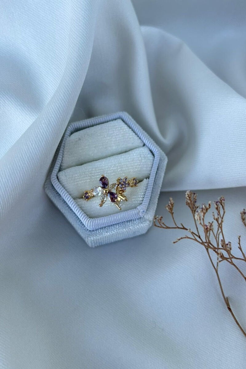 Mor Çiçek Model Sarkıntılı Tasarım Yüzük