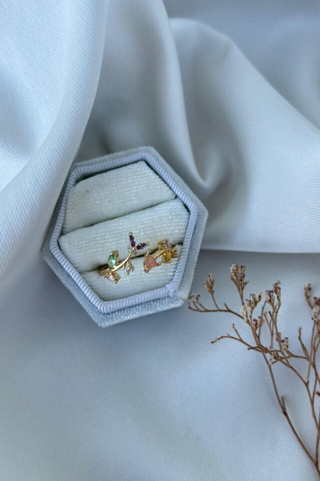 Renkli Taş Çiçek Dalı Tasarım Yüzük